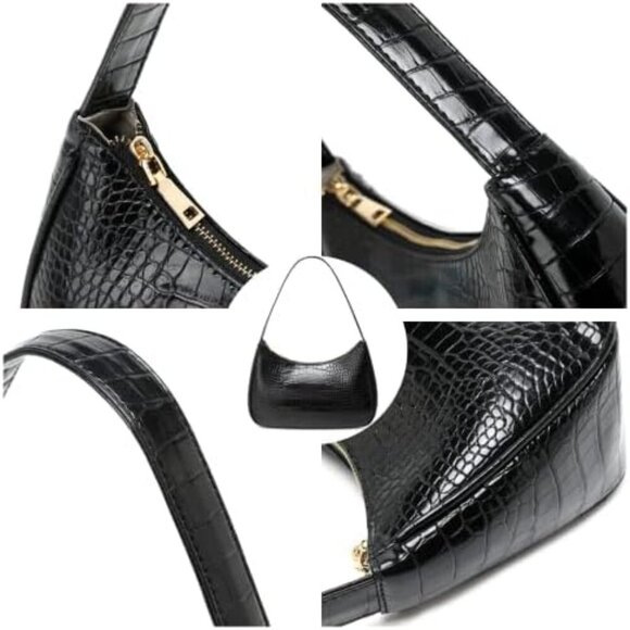 Women Crocodile Black Imported Polyester Leather Zipper Closure Tote Handbag - Picture 7 of 7